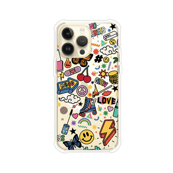 Funda personalizada para iPhone con diseño de stickers coloridos estilo pop art, con mensajes como 'Love', 'Glow', 'Mood' y 'No Regrets', ideal para vibes positivas; producto de Remark MX