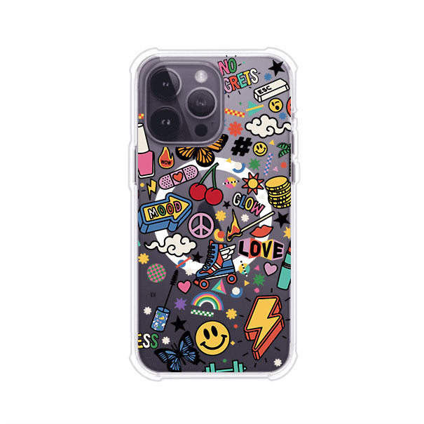 Funda personalizada para iPhone con diseño de stickers coloridos estilo pop art, con mensajes como 'Love', 'Glow', 'Mood' y 'No Regrets', ideal para vibes positivas; producto de Remark MX