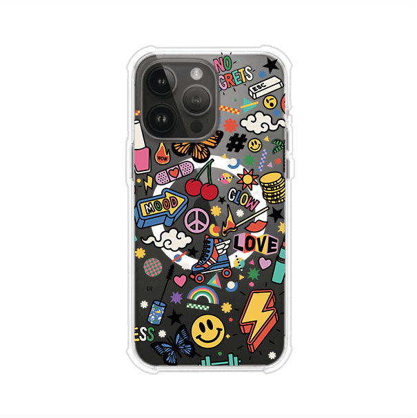 Funda personalizada para iPhone con diseño de stickers coloridos estilo pop art, con mensajes como 'Love', 'Glow', 'Mood' y 'No Regrets', ideal para vibes positivas; producto de Remark MX