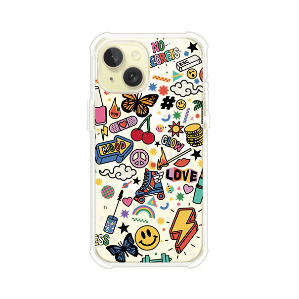 Funda personalizada para iPhone con diseño de stickers coloridos estilo pop art, con mensajes como 'Love', 'Glow', 'Mood' y 'No Regrets', ideal para vibes positivas; producto de Remark MX