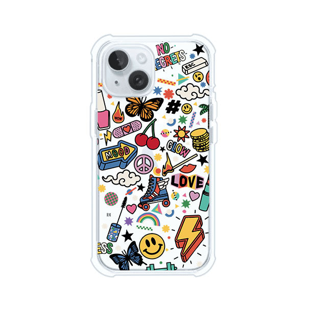 Funda personalizada para iPhone con diseño de stickers coloridos estilo pop art, con mensajes como 'Love', 'Glow', 'Mood' y 'No Regrets', ideal para vibes positivas; producto de Remark MX
