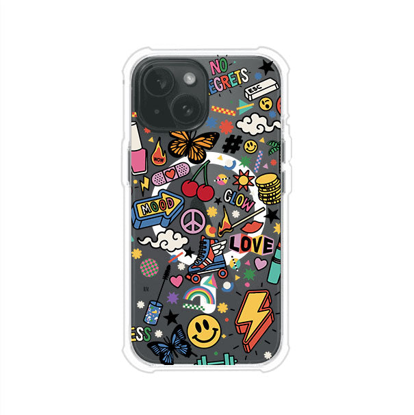Funda personalizada para iPhone con diseño de stickers coloridos estilo pop art, con mensajes como 'Love', 'Glow', 'Mood' y 'No Regrets', ideal para vibes positivas; producto de Remark MX