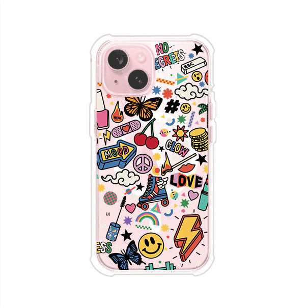 Funda personalizada para iPhone con diseño de stickers coloridos estilo pop art, con mensajes como 'Love', 'Glow', 'Mood' y 'No Regrets', ideal para vibes positivas; producto de Remark MX