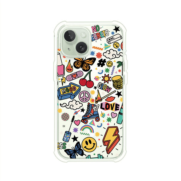 Funda personalizada para iPhone con diseño de stickers coloridos estilo pop art, con mensajes como 'Love', 'Glow', 'Mood' y 'No Regrets', ideal para vibes positivas; producto de Remark MX