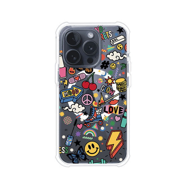 Funda personalizada para iPhone con diseño de stickers coloridos estilo pop art, con mensajes como 'Love', 'Glow', 'Mood' y 'No Regrets', ideal para vibes positivas; producto de Remark MX