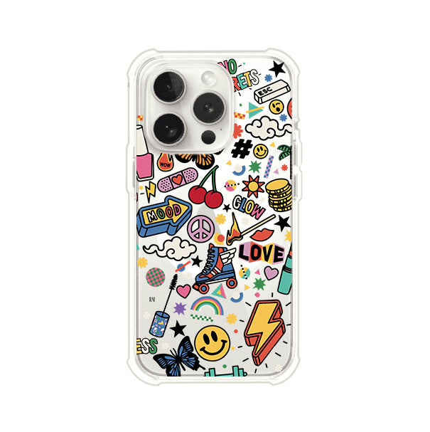 Funda personalizada para iPhone con diseño de stickers coloridos estilo pop art, con mensajes como 'Love', 'Glow', 'Mood' y 'No Regrets', ideal para vibes positivas; producto de Remark MX