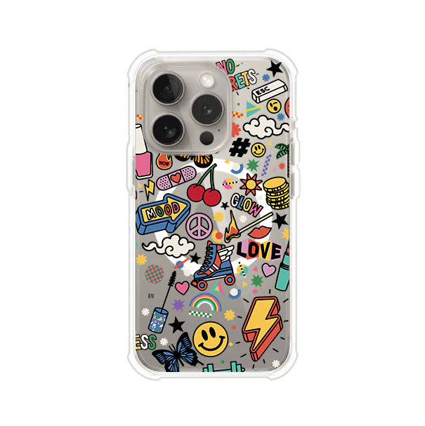 Funda personalizada para iPhone con diseño de stickers coloridos estilo pop art, con mensajes como 'Love', 'Glow', 'Mood' y 'No Regrets', ideal para vibes positivas; producto de Remark MX