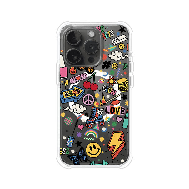Funda personalizada para iPhone con diseño de stickers coloridos estilo pop art, con mensajes como 'Love', 'Glow', 'Mood' y 'No Regrets', ideal para vibes positivas; producto de Remark MX
