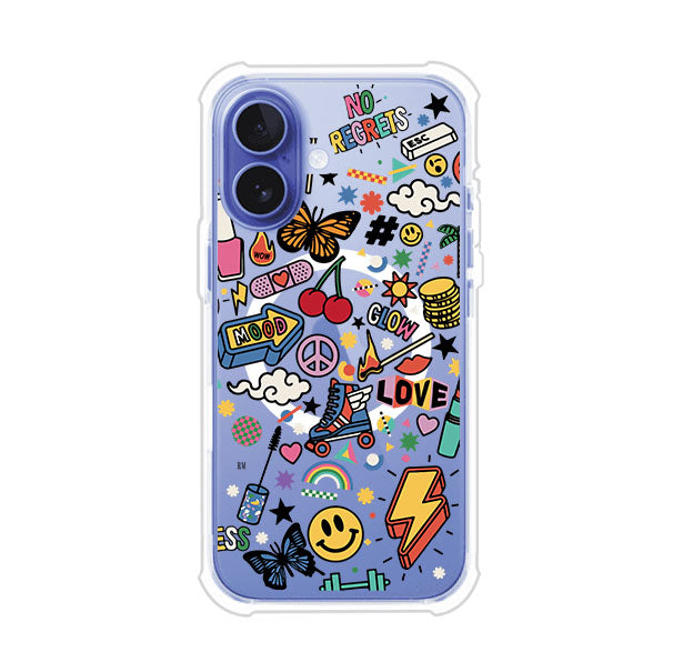 Funda personalizada para iPhone con diseño de stickers coloridos estilo pop art, con mensajes como 'Love', 'Glow', 'Mood' y 'No Regrets', ideal para vibes positivas; producto de Remark MX