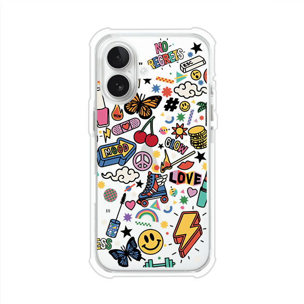 Funda personalizada para iPhone con diseño de stickers coloridos estilo pop art, con mensajes como 'Love', 'Glow', 'Mood' y 'No Regrets', ideal para vibes positivas; producto de Remark MX