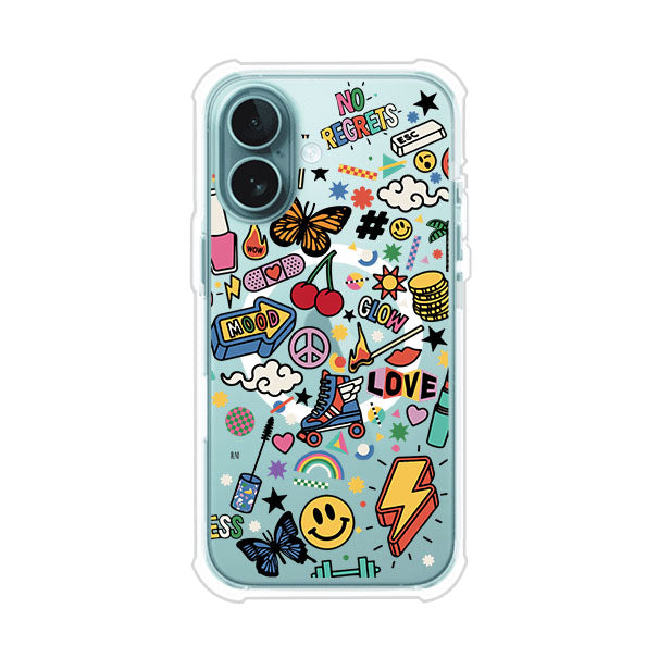 Funda personalizada para iPhone con diseño de stickers coloridos estilo pop art, con mensajes como 'Love', 'Glow', 'Mood' y 'No Regrets', ideal para vibes positivas; producto de Remark MX