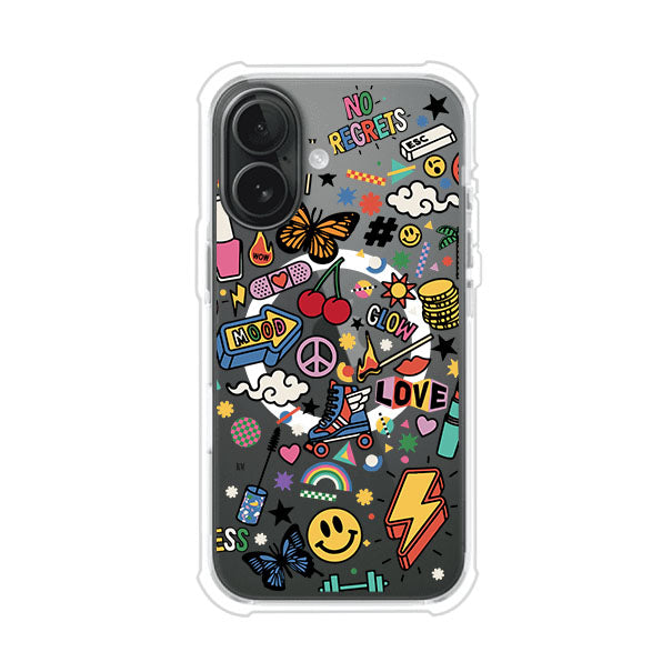 Funda personalizada para iPhone con diseño de stickers coloridos estilo pop art, con mensajes como 'Love', 'Glow', 'Mood' y 'No Regrets', ideal para vibes positivas; producto de Remark MX