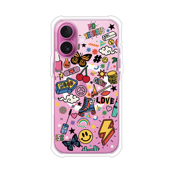 Funda personalizada para iPhone con diseño de stickers coloridos estilo pop art, con mensajes como 'Love', 'Glow', 'Mood' y 'No Regrets', ideal para vibes positivas; producto de Remark MX