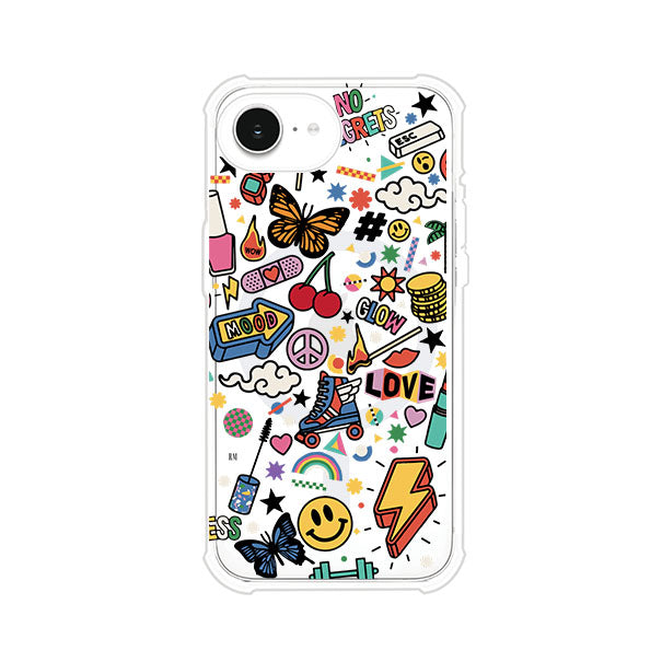 Funda personalizada para iPhone con diseño de stickers coloridos estilo pop art, con mensajes como 'Love', 'Glow', 'Mood' y 'No Regrets', ideal para vibes positivas; producto de Remark MX