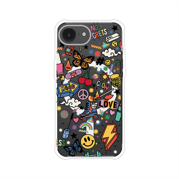Funda personalizada para iPhone con diseño de stickers coloridos estilo pop art, con mensajes como 'Love', 'Glow', 'Mood' y 'No Regrets', ideal para vibes positivas; producto de Remark MX