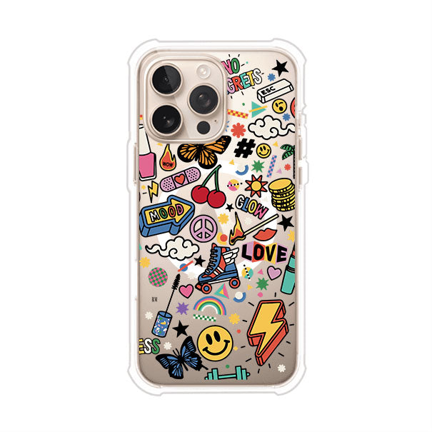 Funda personalizada para iPhone con diseño de stickers coloridos estilo pop art, con mensajes como 'Love', 'Glow', 'Mood' y 'No Regrets', ideal para vibes positivas; producto de Remark MX