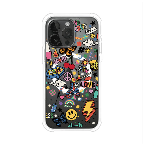 Funda personalizada para iPhone con diseño de stickers coloridos estilo pop art, con mensajes como 'Love', 'Glow', 'Mood' y 'No Regrets', ideal para vibes positivas; producto de Remark MX