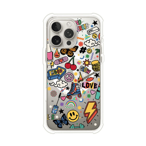 Funda personalizada para iPhone con diseño de stickers coloridos estilo pop art, con mensajes como 'Love', 'Glow', 'Mood' y 'No Regrets', ideal para vibes positivas; producto de Remark MX