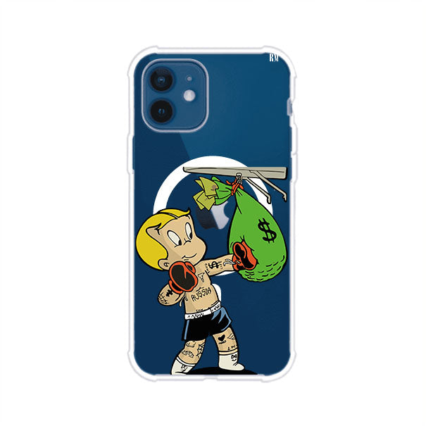 Funda para iPhone con dibujo de Richie Rich como boxeador sosteniendo una bolsa de dinero Remark Mx