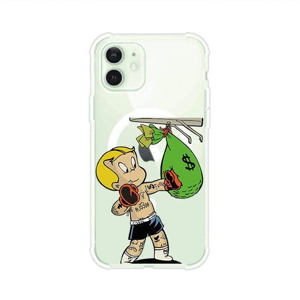 Funda para iPhone con dibujo de Richie Rich como boxeador sosteniendo una bolsa de dinero Remark Mx
