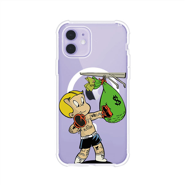 Funda para iPhone con dibujo de Richie Rich como boxeador sosteniendo una bolsa de dinero Remark Mx