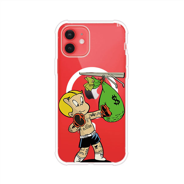 Funda para iPhone con dibujo de Richie Rich como boxeador sosteniendo una bolsa de dinero Remark Mx
