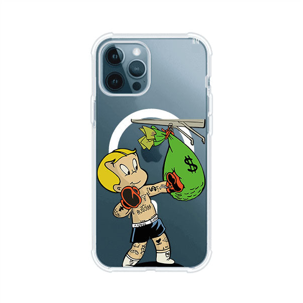 Funda para iPhone con dibujo de Richie Rich como boxeador sosteniendo una bolsa de dinero Remark Mx