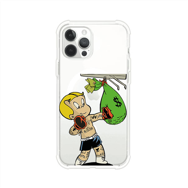 Funda para iPhone con dibujo de Richie Rich como boxeador sosteniendo una bolsa de dinero Remark Mx