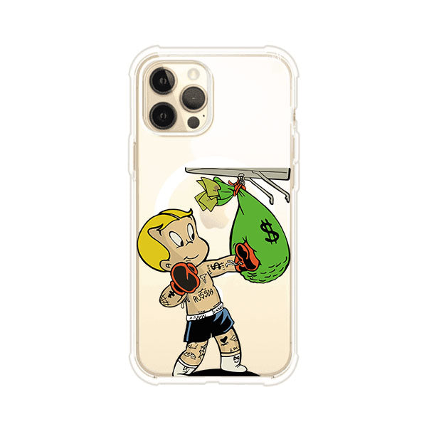 Funda para iPhone con dibujo de Richie Rich como boxeador sosteniendo una bolsa de dinero Remark Mx