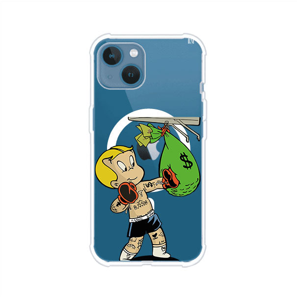 Funda para iPhone con dibujo de Richie Rich como boxeador sosteniendo una bolsa de dinero Remark Mx