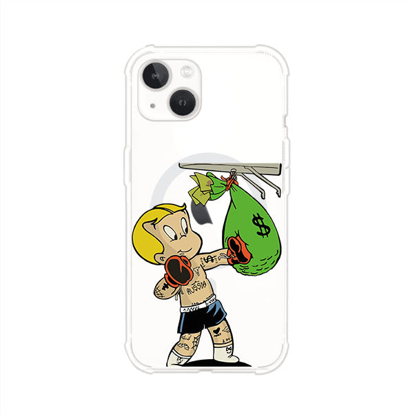 Funda para iPhone con dibujo de Richie Rich como boxeador sosteniendo una bolsa de dinero Remark Mx