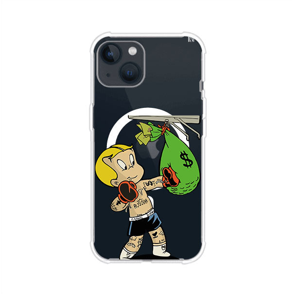 Funda para iPhone con dibujo de Richie Rich como boxeador sosteniendo una bolsa de dinero Remark Mx
