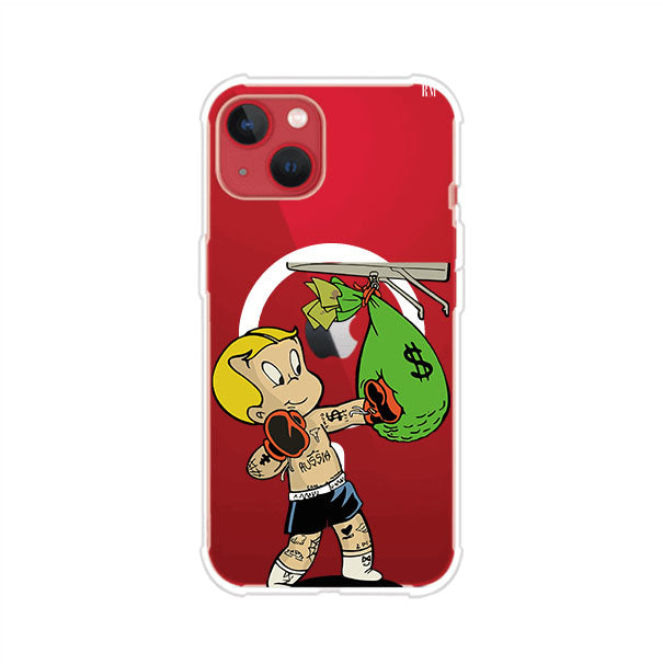 Funda para iPhone con dibujo de Richie Rich como boxeador sosteniendo una bolsa de dinero Remark Mx