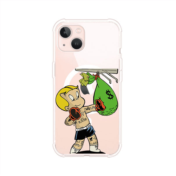 Funda para iPhone con dibujo de Richie Rich como boxeador sosteniendo una bolsa de dinero Remark Mx