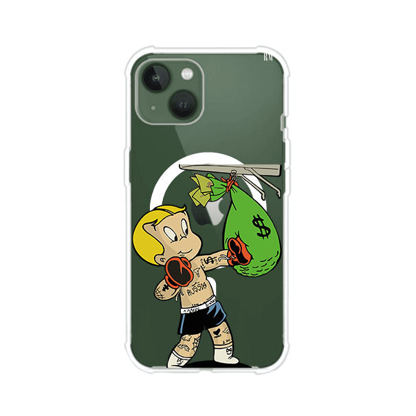 Funda para iPhone con dibujo de Richie Rich como boxeador sosteniendo una bolsa de dinero Remark Mx