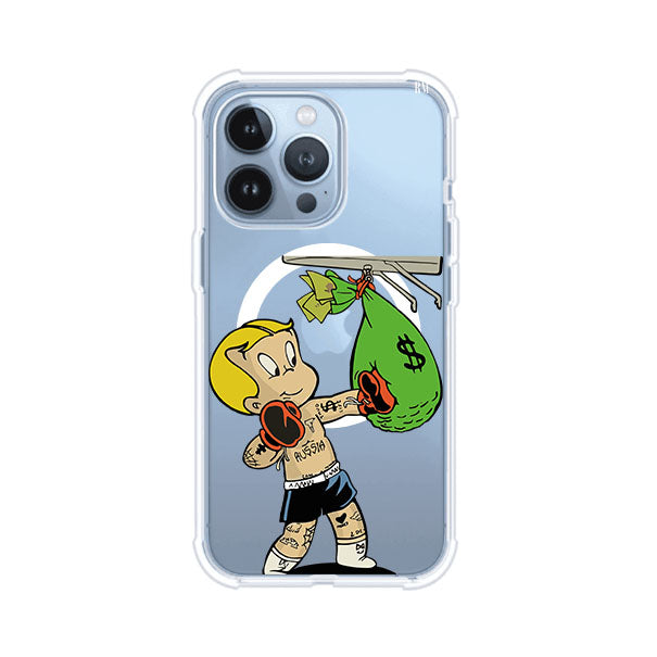 Funda para iPhone con dibujo de Richie Rich como boxeador sosteniendo una bolsa de dinero Remark Mx