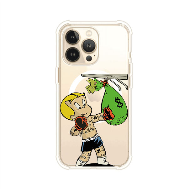 Funda para iPhone con dibujo de Richie Rich como boxeador sosteniendo una bolsa de dinero Remark Mx