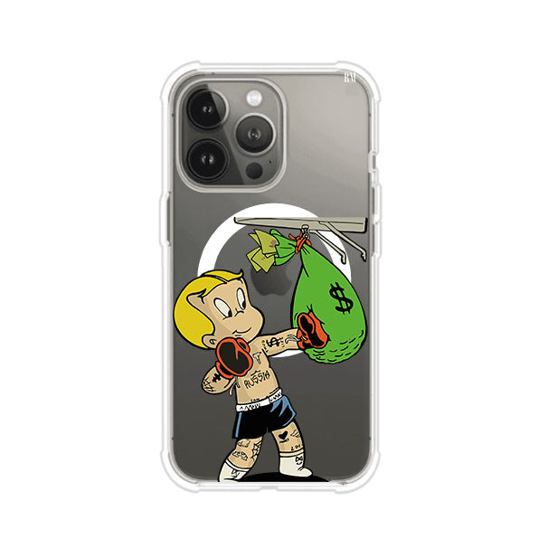Funda para iPhone con dibujo de Richie Rich como boxeador sosteniendo una bolsa de dinero Remark Mx