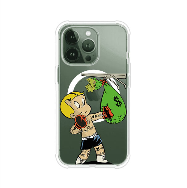 Funda para iPhone con dibujo de Richie Rich como boxeador sosteniendo una bolsa de dinero Remark Mx