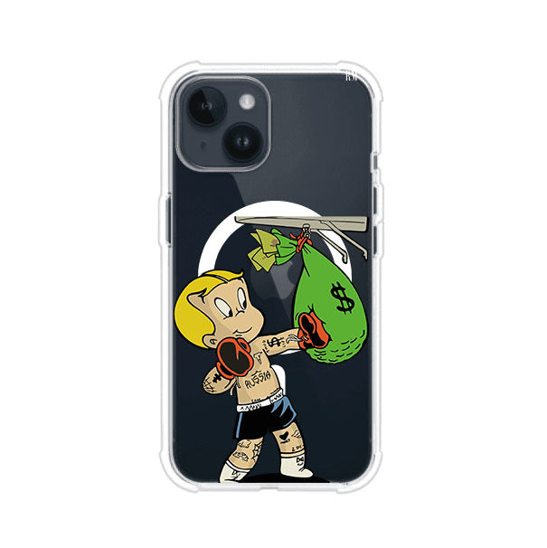 Funda para iPhone con dibujo de Richie Rich como boxeador sosteniendo una bolsa de dinero Remark Mx