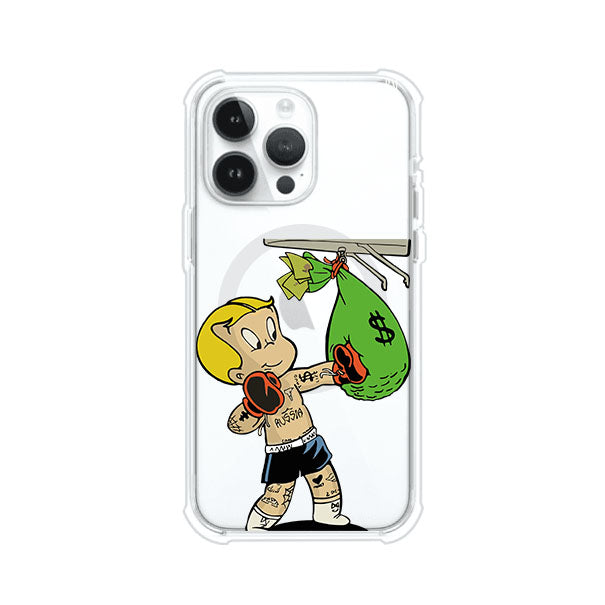 Funda para iPhone con dibujo de Richie Rich como boxeador sosteniendo una bolsa de dinero Remark Mx