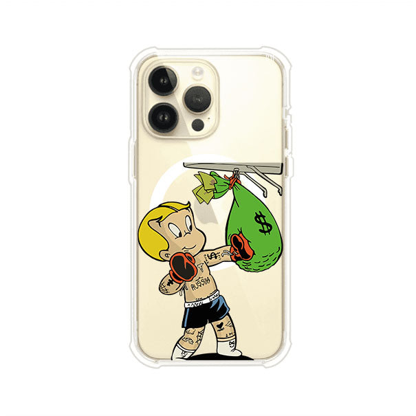 Funda para iPhone con dibujo de Richie Rich como boxeador sosteniendo una bolsa de dinero Remark Mx