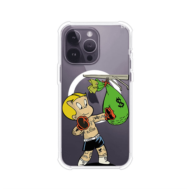 Funda para iPhone con dibujo de Richie Rich como boxeador sosteniendo una bolsa de dinero Remark Mx