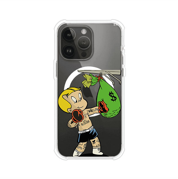 Funda para iPhone con dibujo de Richie Rich como boxeador sosteniendo una bolsa de dinero Remark Mx