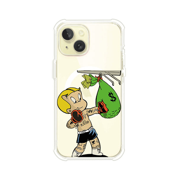 Funda para iPhone con dibujo de Richie Rich como boxeador sosteniendo una bolsa de dinero Remark Mx