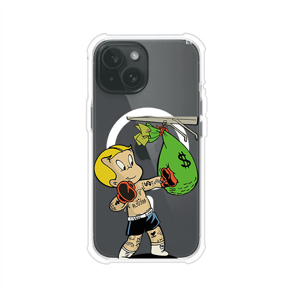 Funda para iPhone con dibujo de Richie Rich como boxeador sosteniendo una bolsa de dinero Remark Mx