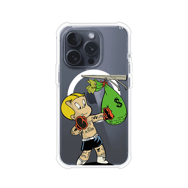 Funda para iPhone con dibujo de Richie Rich como boxeador sosteniendo una bolsa de dinero Remark Mx