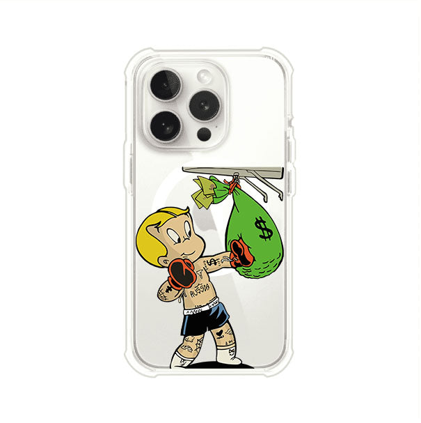 Funda para iPhone con dibujo de Richie Rich como boxeador sosteniendo una bolsa de dinero Remark Mx