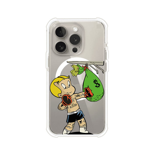 Funda para iPhone con dibujo de Richie Rich como boxeador sosteniendo una bolsa de dinero Remark Mx