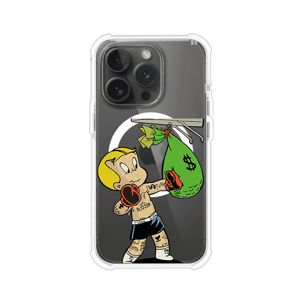 Funda para iPhone con dibujo de Richie Rich como boxeador sosteniendo una bolsa de dinero Remark Mx
